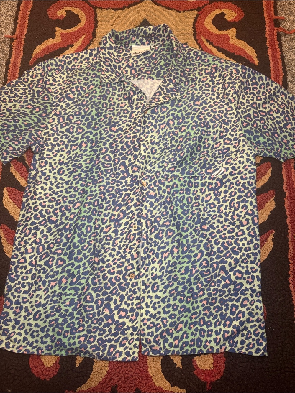 Short-Sleeve Button-Down Leopard Print Shirt in Blue and Pink